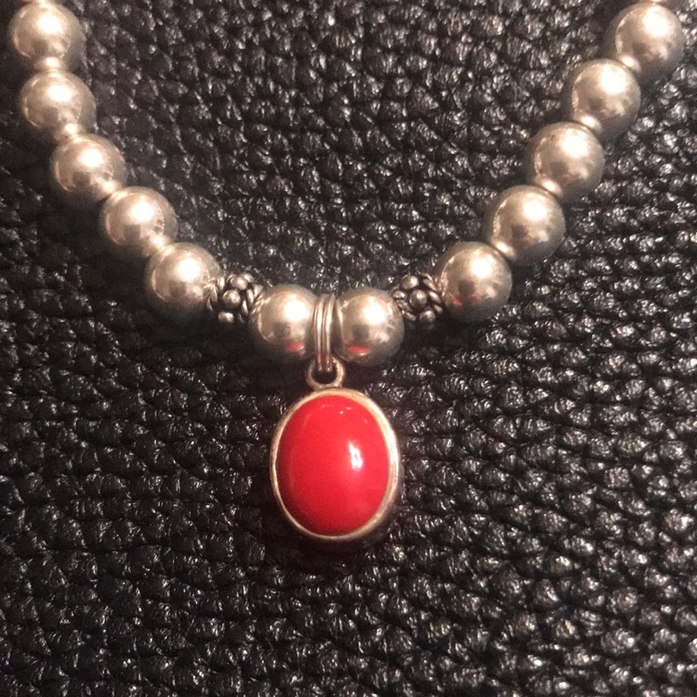 Sterling Silver beaded bracelet with red dangle - Picture 2 of 5